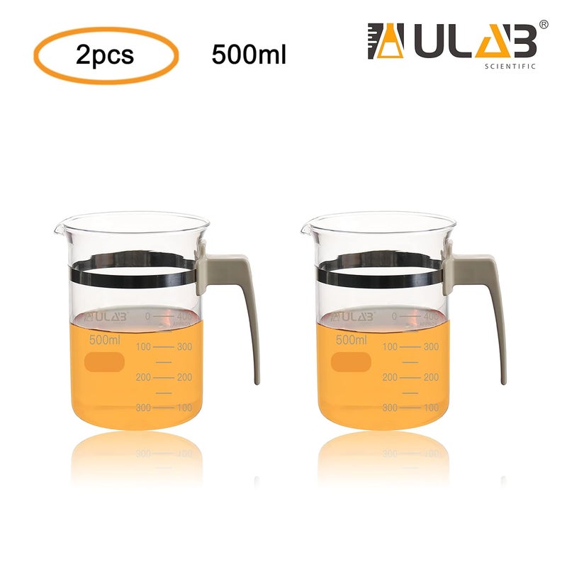 ULAB Glass Beaker with Handle, Vol. 500ml, 3.3 Borosilicate Griffin Low Form with Printed Graduation,Pack of 2, UBG1050 - Image 2